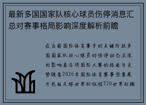 最新多国国家队核心球员伤停消息汇总对赛事格局影响深度解析前瞻